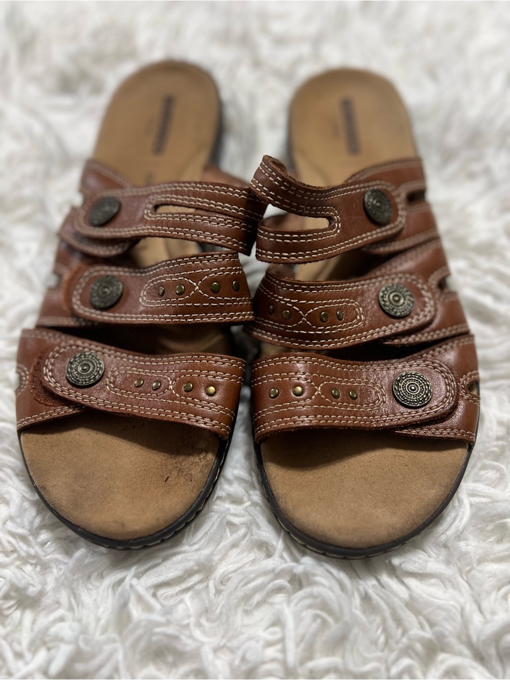 Women's Brown Leather Slide Sandals with Decorative Studs 9